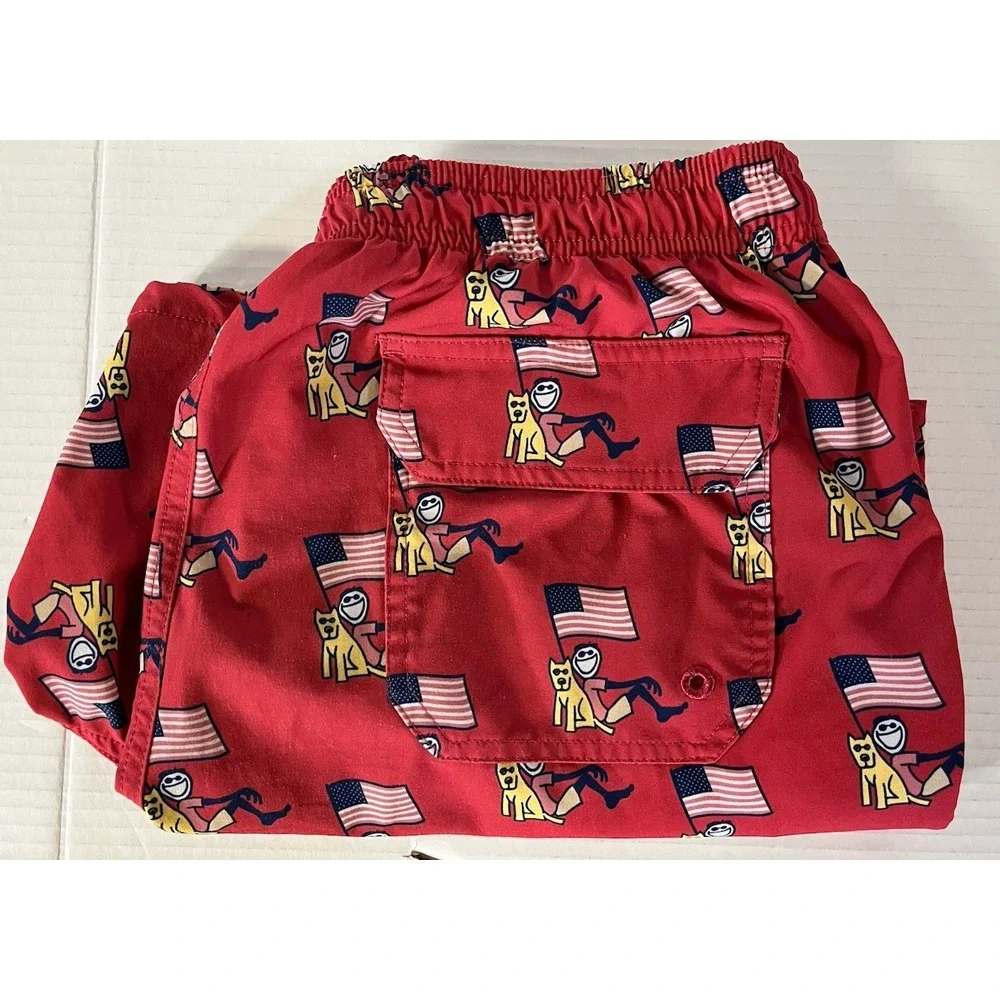 Life is Good Swim Trunks Men's Small Red American Flag Dog All Over Pockets Logo